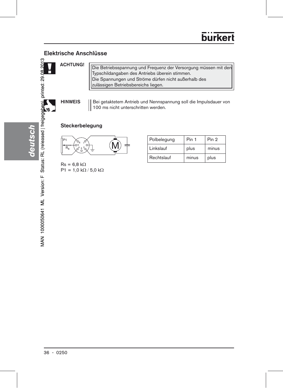 Elektrische anschlüsse, Steckerbelegung, Deutsch | Burkert Type 0250 User Manual | Page 36 / 64