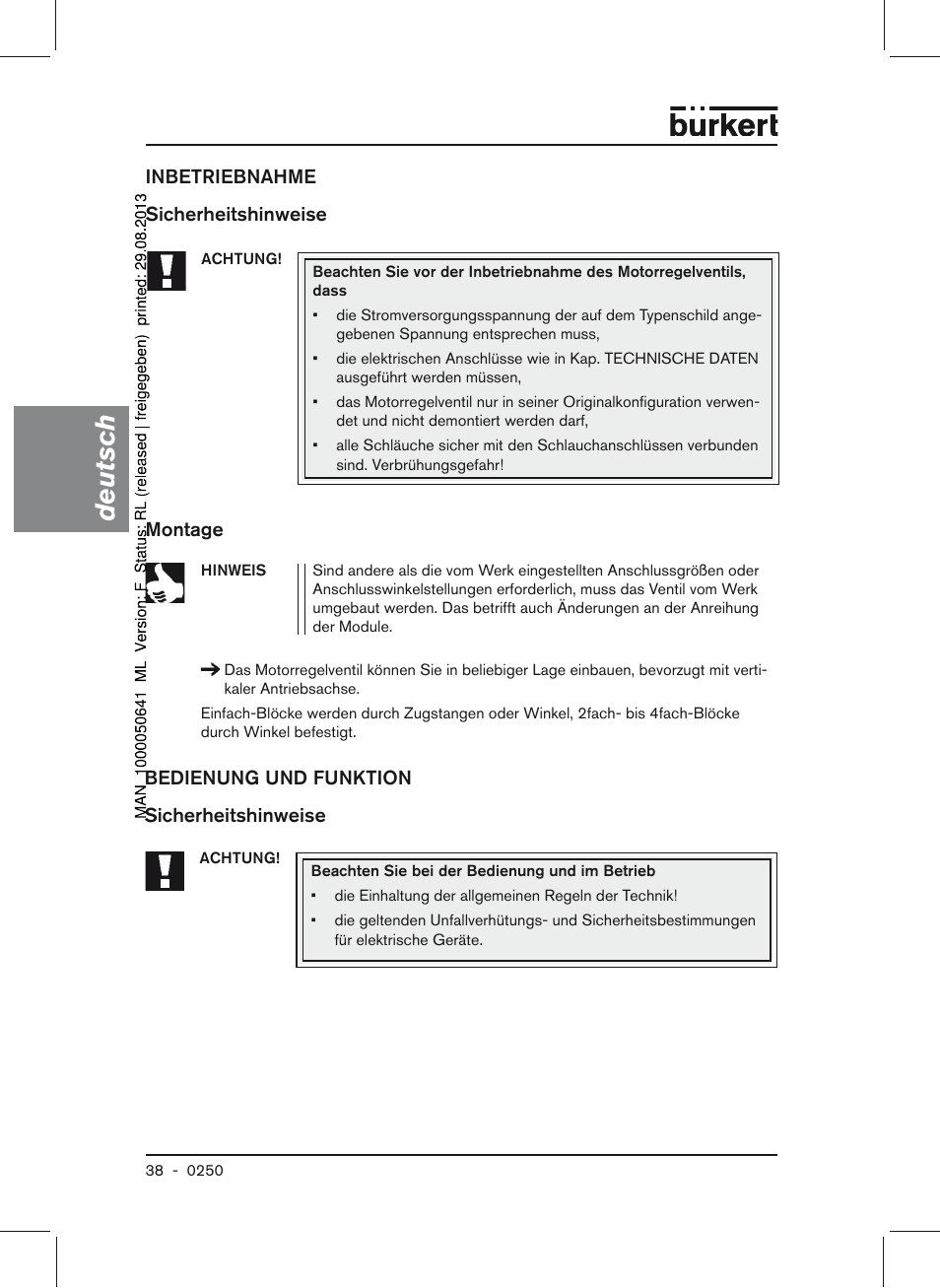 Inbetriebnahme sicherheitshinweise montage, Bedienung und funktion sicherheitshinweise, Deutsch | Burkert Type 0250 User Manual | Page 38 / 64