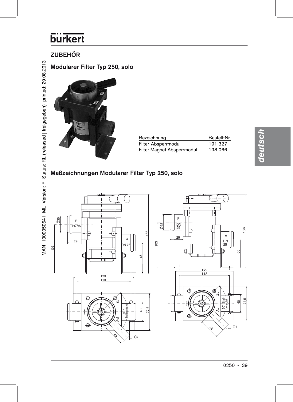 Deutsch, Zubehör modularer filter typ 250, solo, Maßzeichnungen modularer filter typ 250, solo | Burkert Type 0250 User Manual | Page 39 / 64