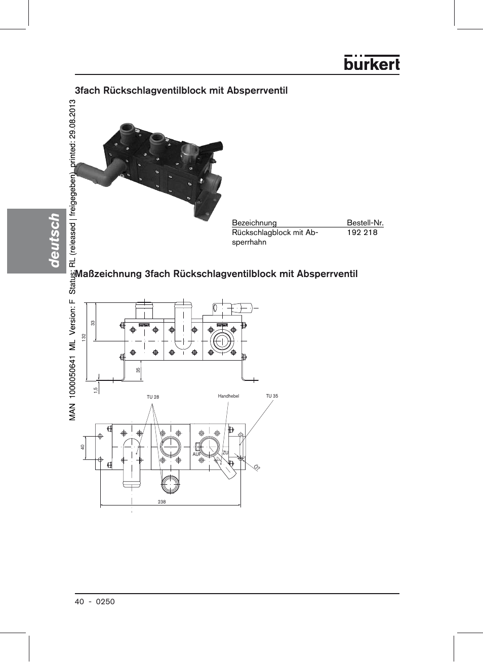 Deutsch, 3fach rückschlagventilblock mit absperrventil | Burkert Type 0250 User Manual | Page 40 / 64