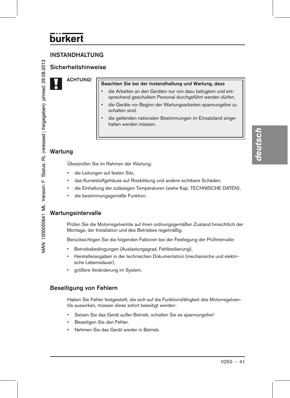 Deutsch | Burkert Type 0250 User Manual | Page 41 / 64