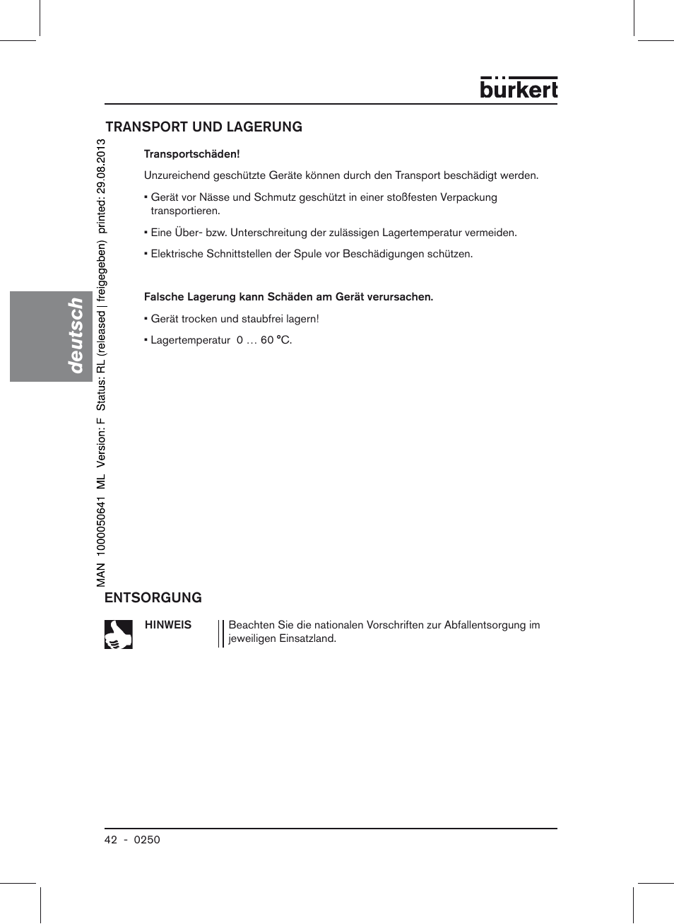 Transport und lagerung, Entsorgung, Deutsch | Burkert Type 0250 User Manual | Page 42 / 64