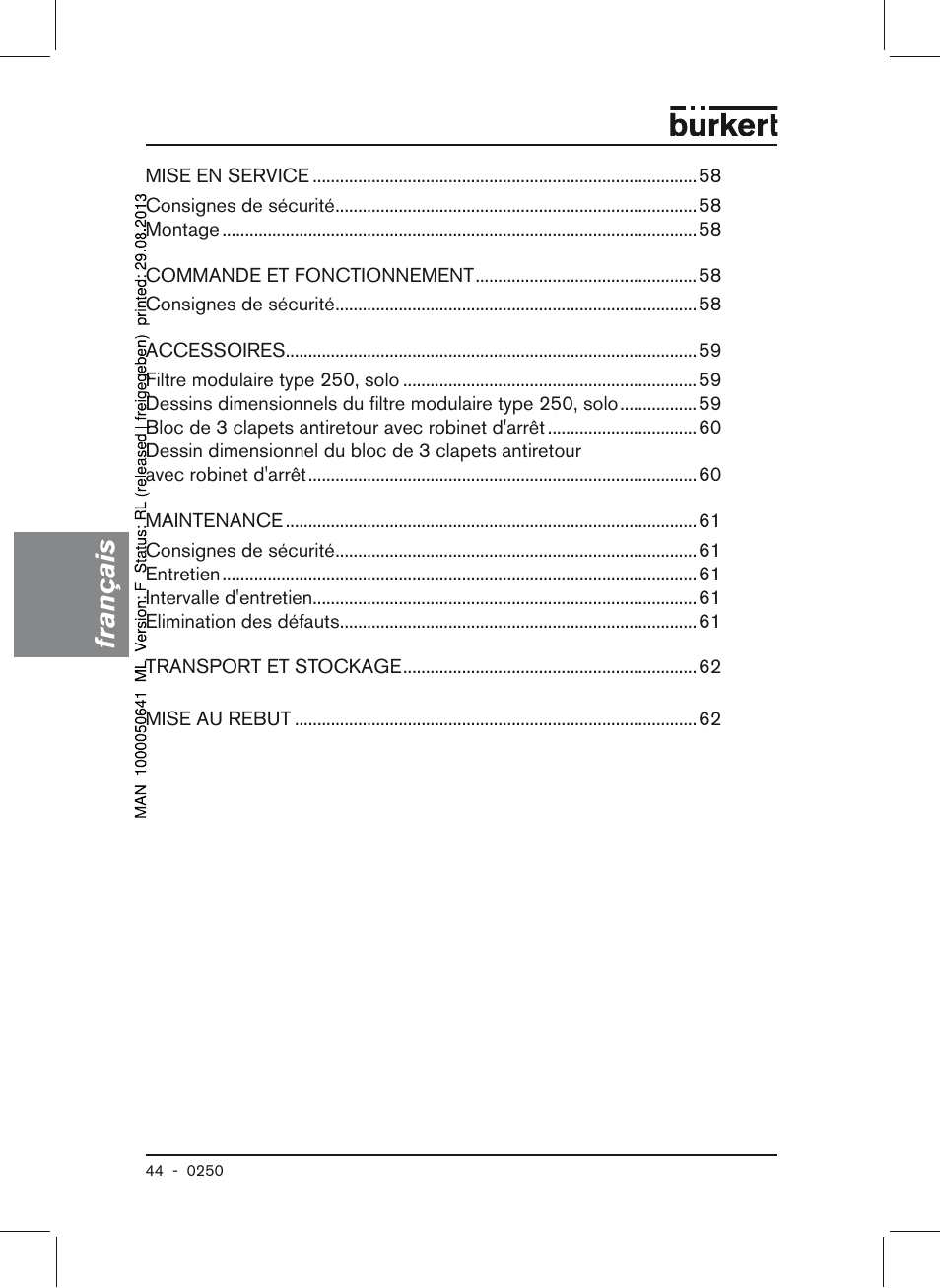 Français | Burkert Type 0250 User Manual | Page 44 / 64