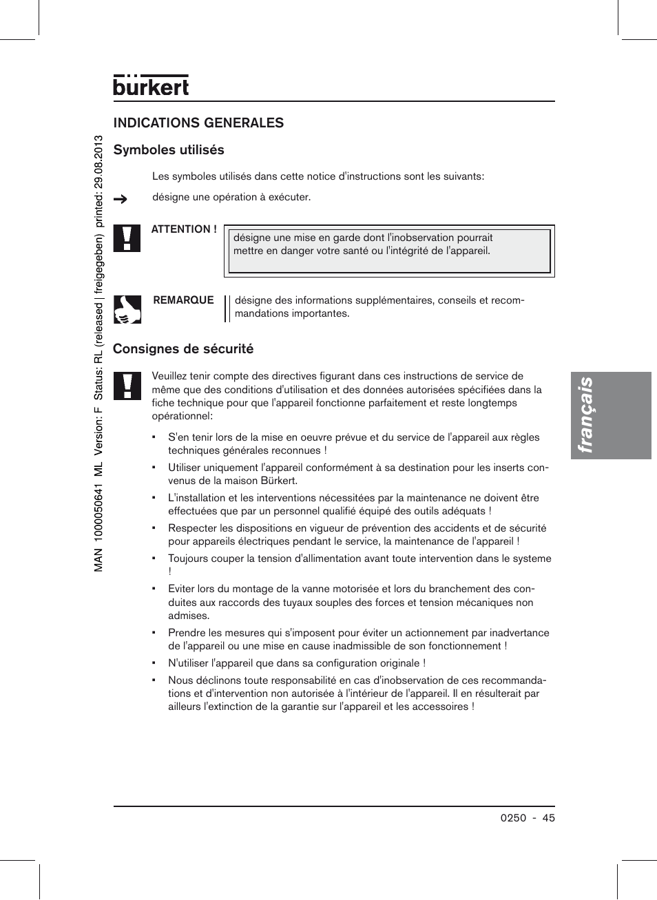Français | Burkert Type 0250 User Manual | Page 45 / 64