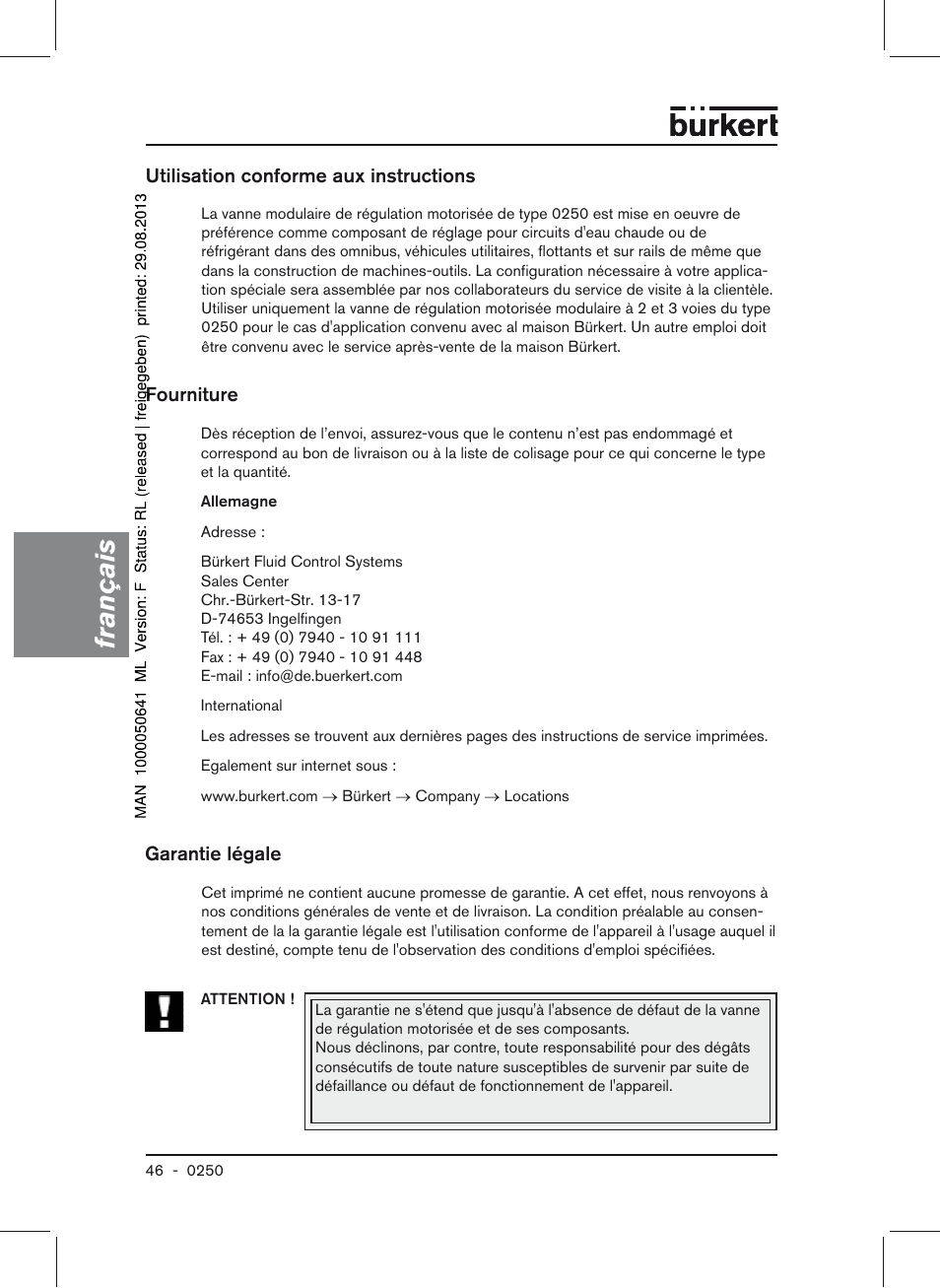 Français | Burkert Type 0250 User Manual | Page 46 / 64