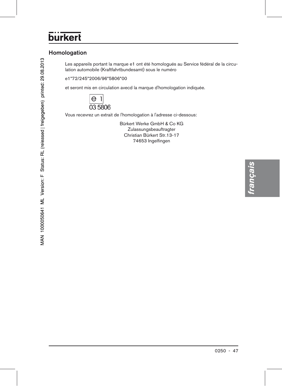 Homologation, Français | Burkert Type 0250 User Manual | Page 47 / 64