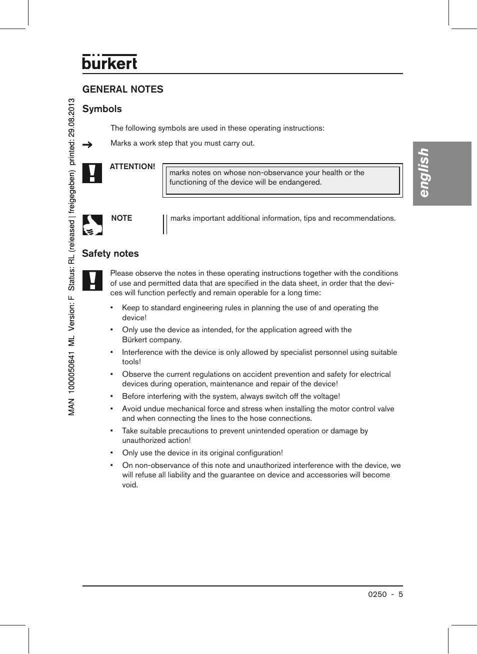 General notes symbols safety notes, English | Burkert Type 0250 User Manual | Page 5 / 64