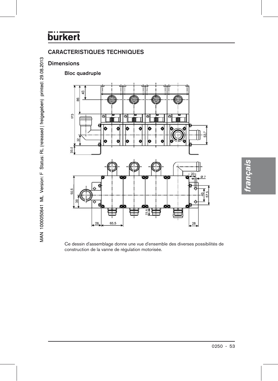 Caracteristiques techniques dimensions, Bloc quadruple, Français | Burkert Type 0250 User Manual | Page 53 / 64