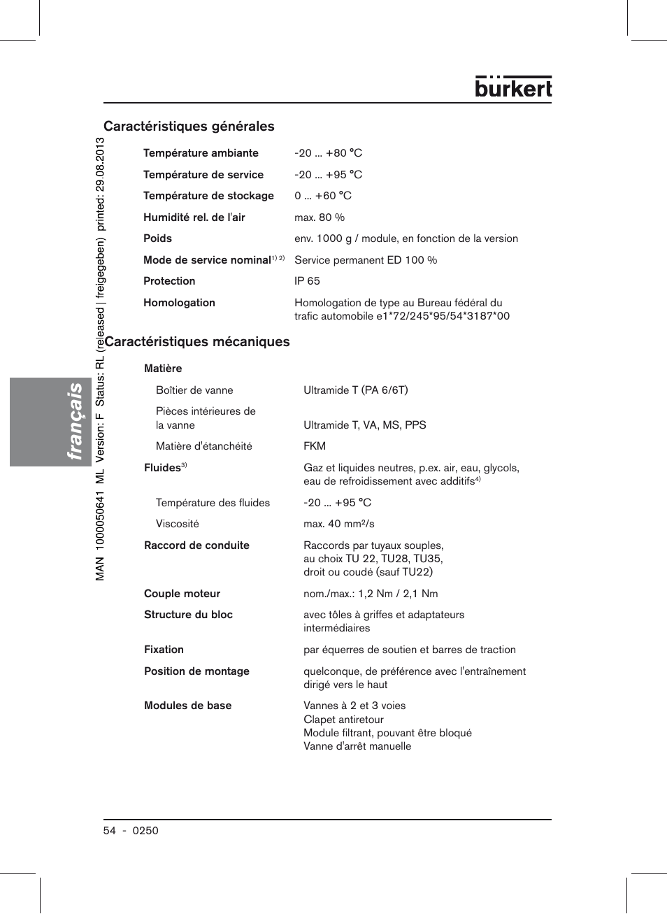 Français, Caractéristiques mécaniques, Caractéristiques générales | Burkert Type 0250 User Manual | Page 54 / 64