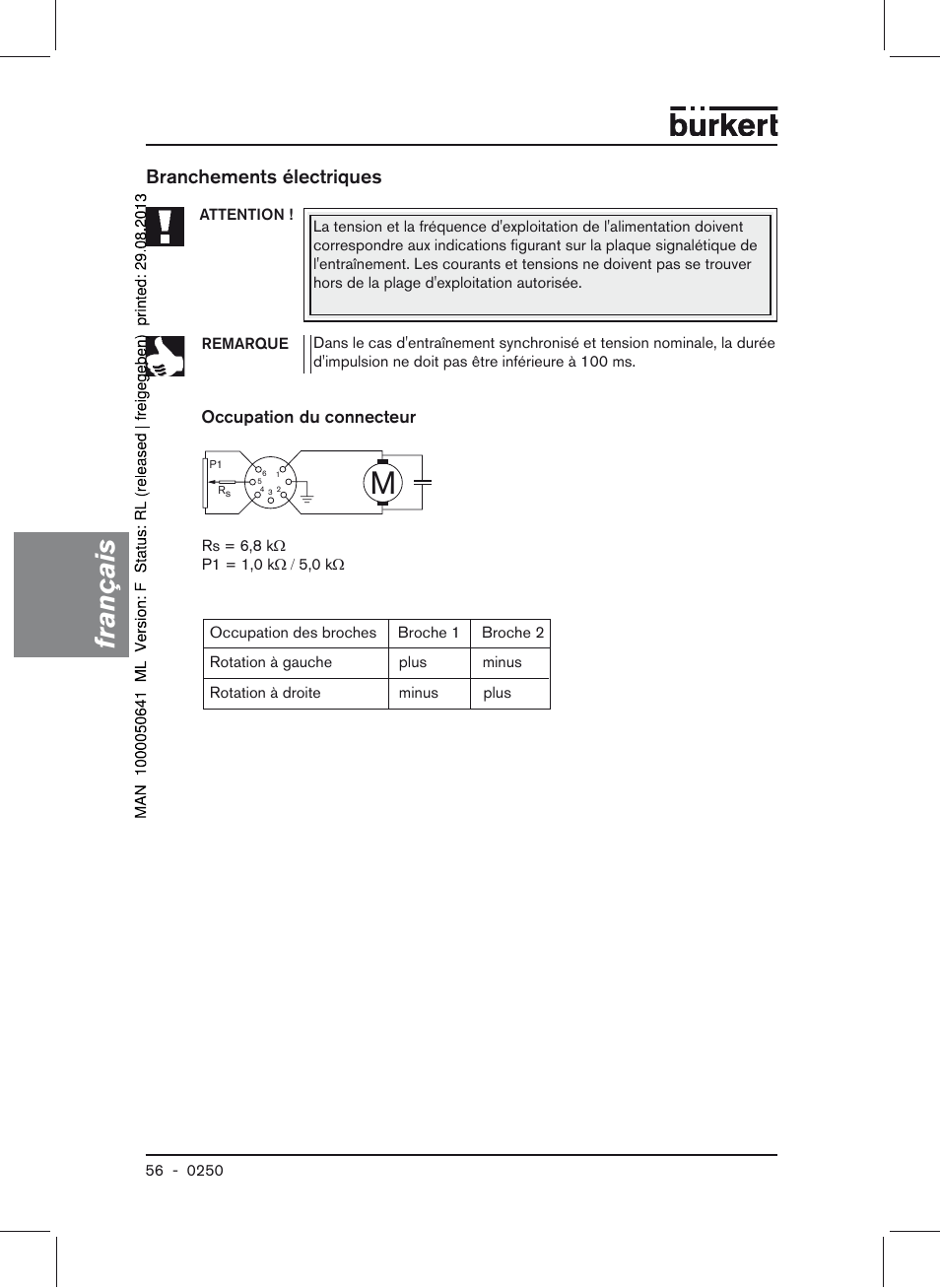 Branchements électriques, Occupation du connecteur, Français | Burkert Type 0250 User Manual | Page 56 / 64
