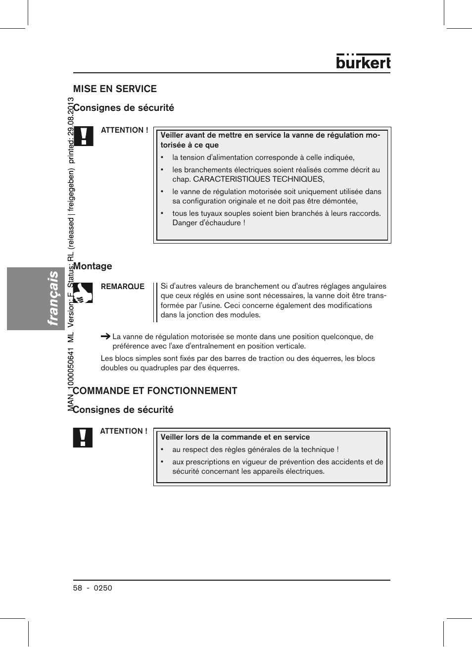 Mise en service consignes de sécurité montage, Commande et fonctionnement consignes de sécurité, Français | Burkert Type 0250 User Manual | Page 58 / 64