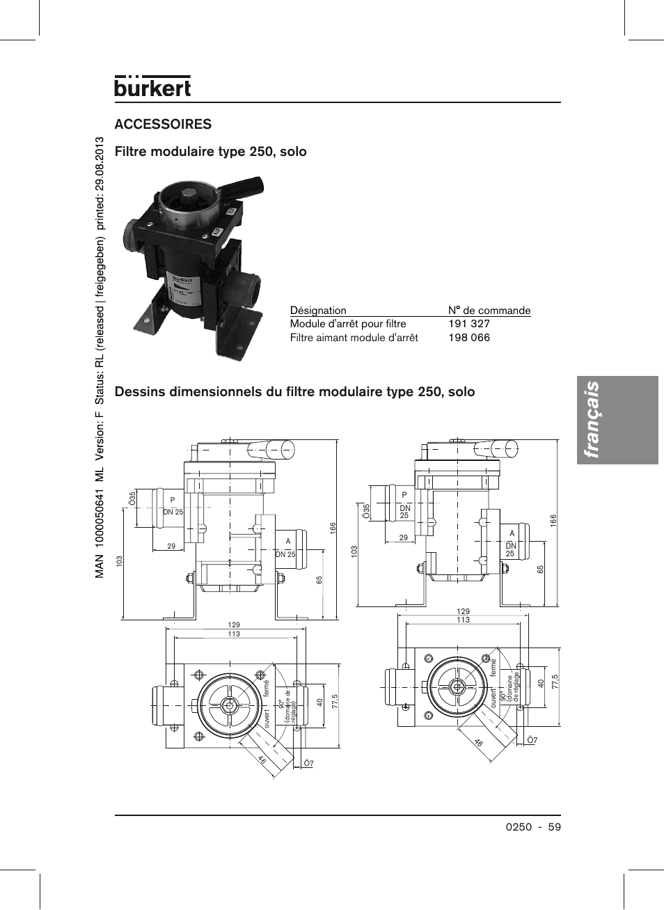 Français, Accessoires filtre modulaire type 250, solo | Burkert Type 0250 User Manual | Page 59 / 64