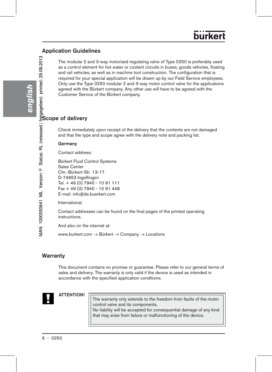 Application guidelines scope of delivery warranty, English | Burkert Type 0250 User Manual | Page 6 / 64