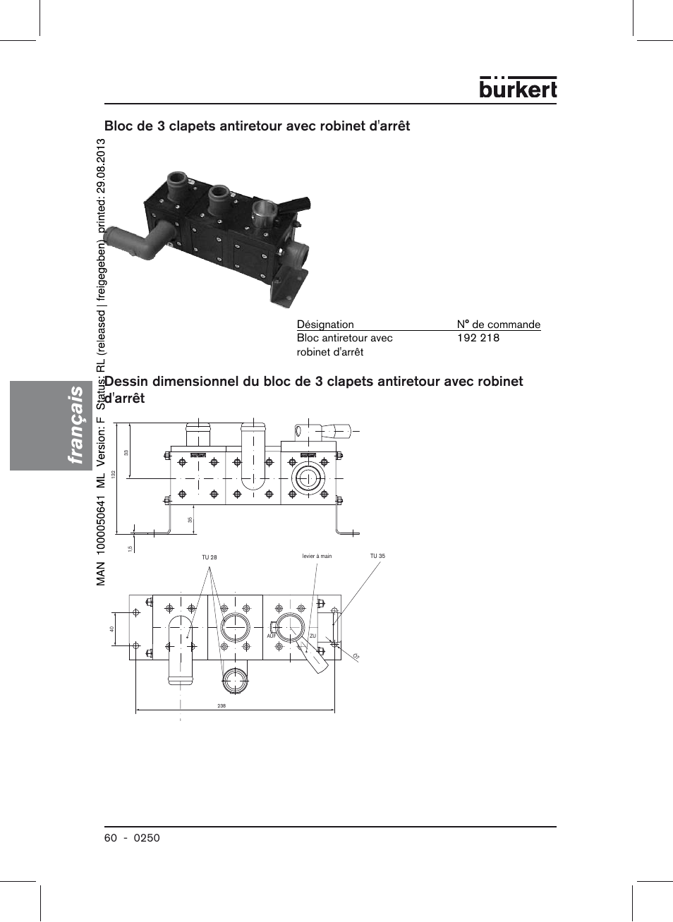 Français, Bloc de 3 clapets antiretour avec robinet d'arrêt | Burkert Type 0250 User Manual | Page 60 / 64