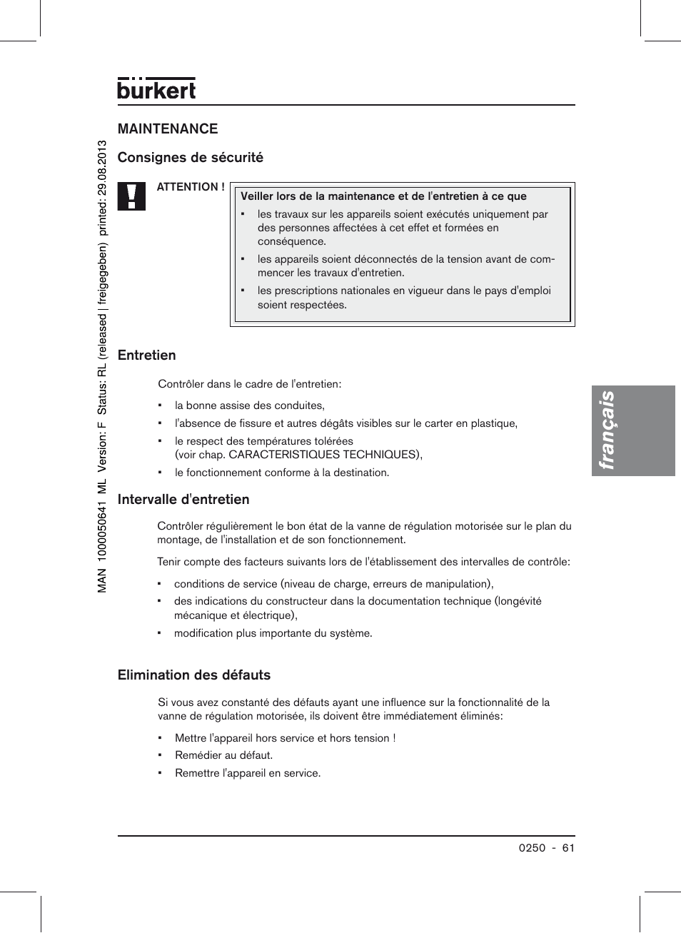 Français | Burkert Type 0250 User Manual | Page 61 / 64