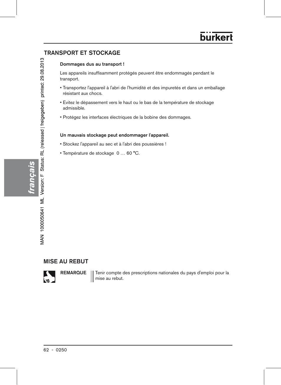 Transport et stockage, Mise au rebut, Français | Burkert Type 0250 User Manual | Page 62 / 64