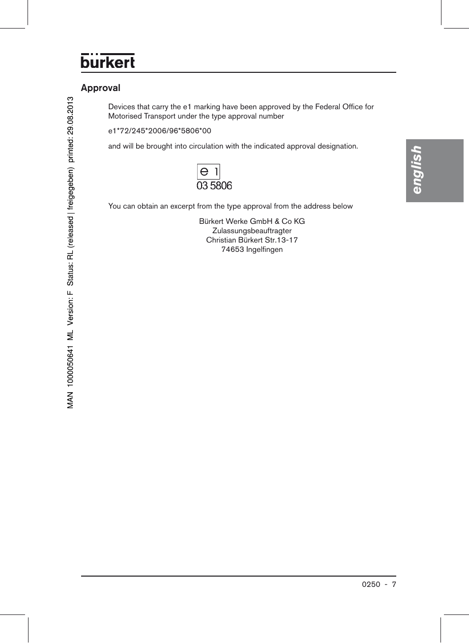 Approval, English | Burkert Type 0250 User Manual | Page 7 / 64