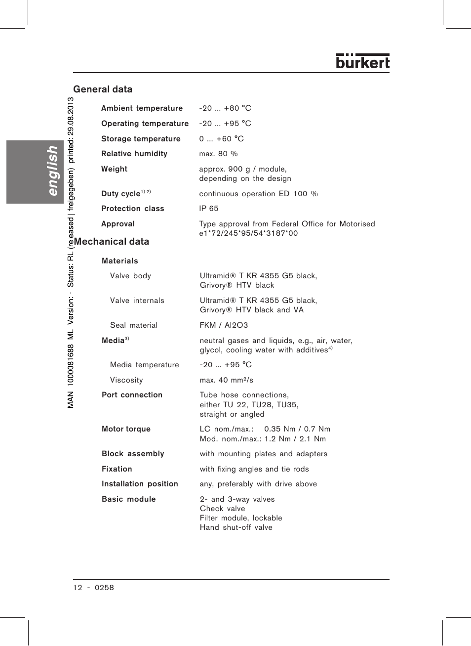 English, Mechanical data, General data | Burkert Type 0258 User Manual | Page 14 / 72