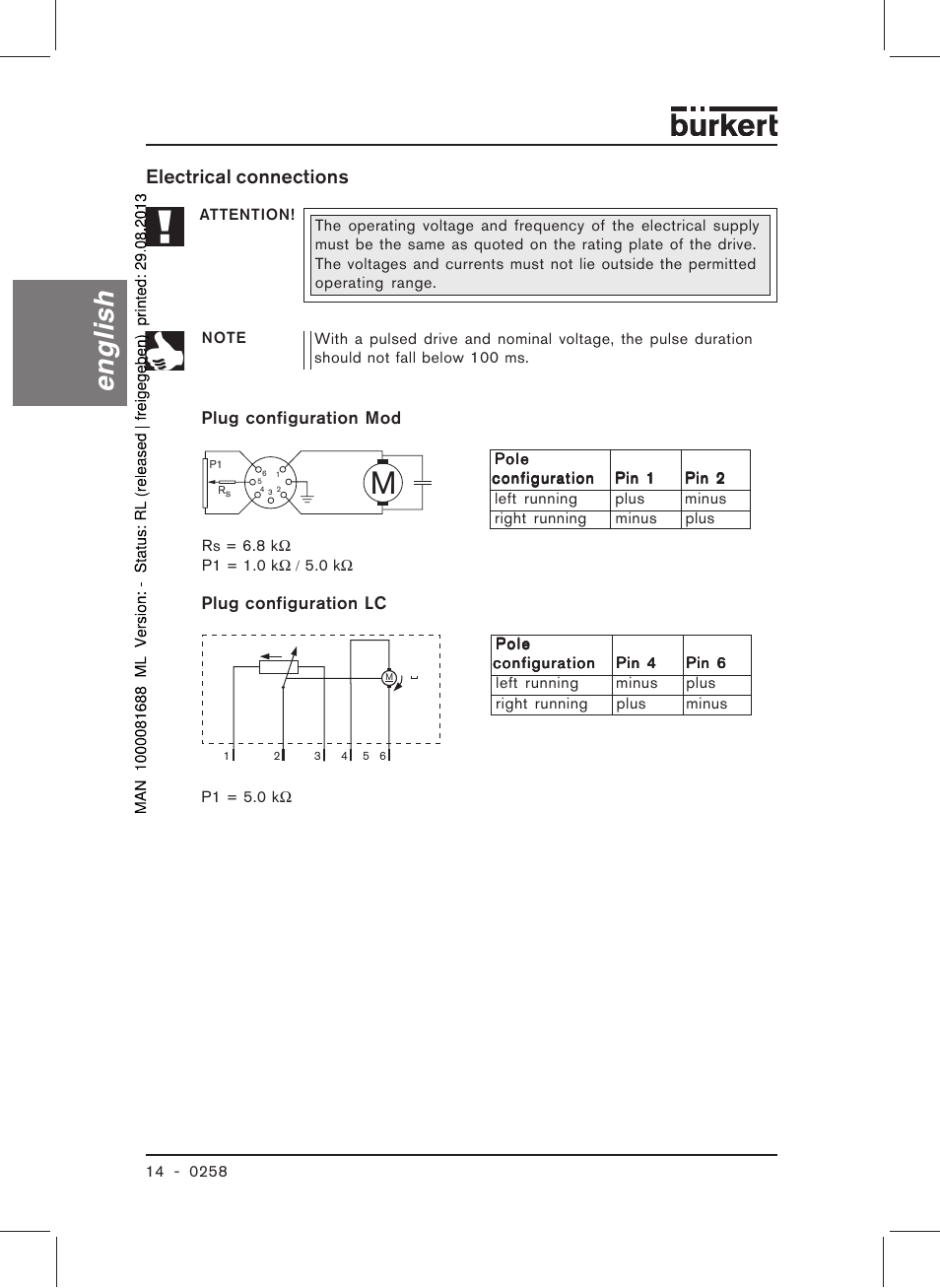 English, Electrical connections | Burkert Type 0258 User Manual | Page 16 / 72