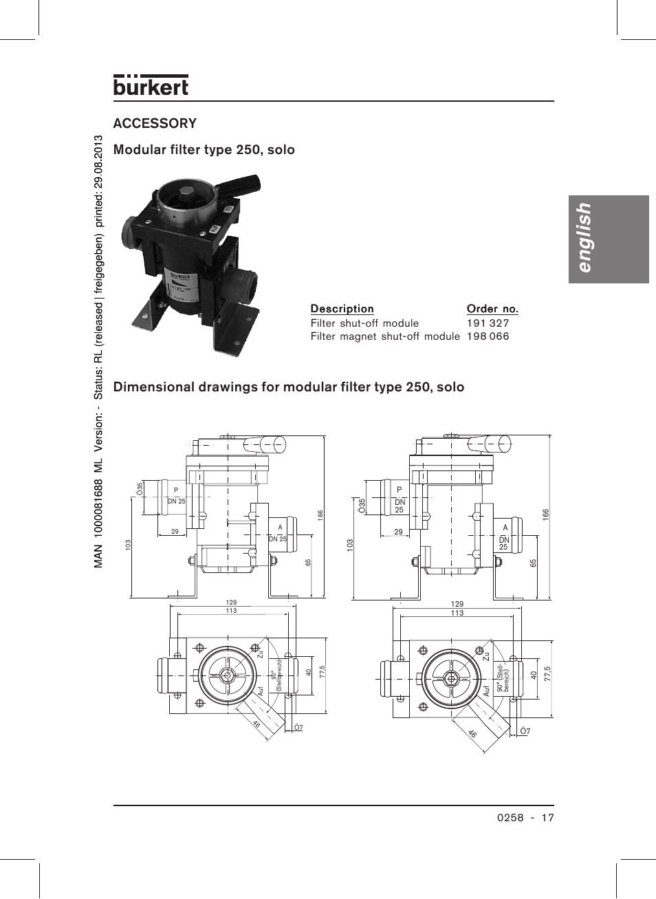 English, Accessory modular filter type 250, solo | Burkert Type 0258 User Manual | Page 19 / 72