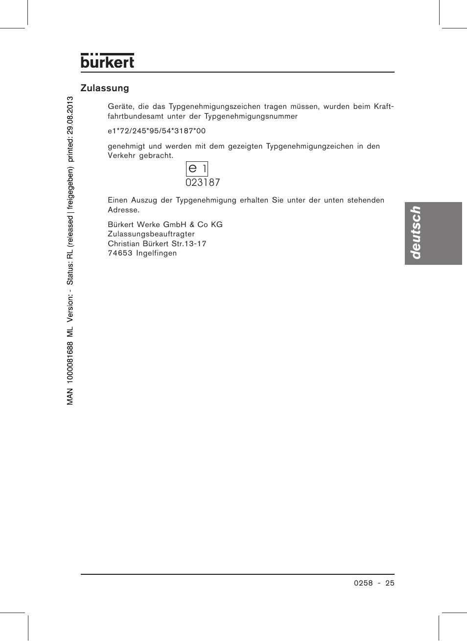 Deutsch | Burkert Type 0258 User Manual | Page 27 / 72