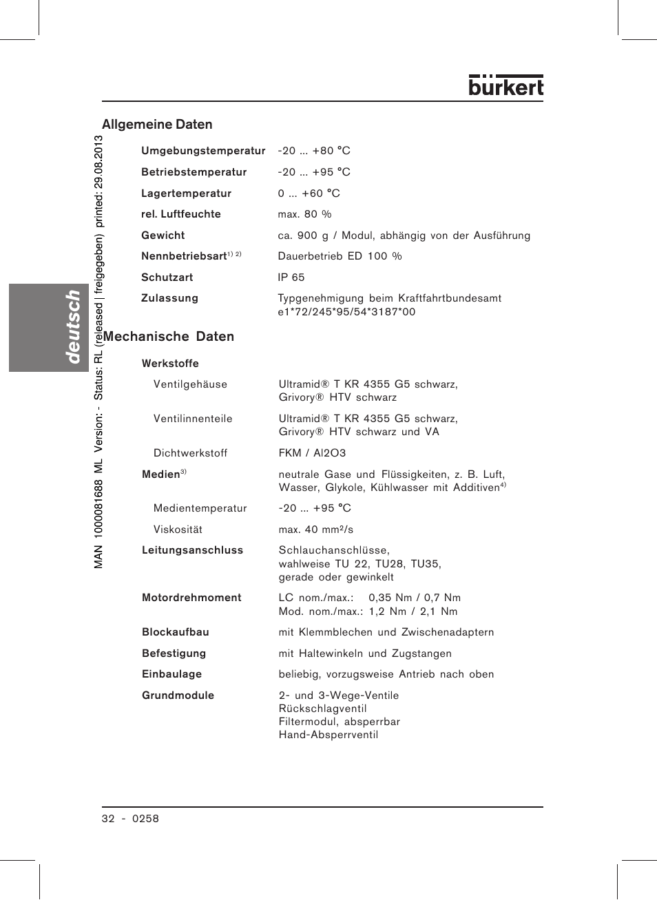 Deutsch, Mechanische daten, Allgemeine daten | Burkert Type 0258 User Manual | Page 34 / 72