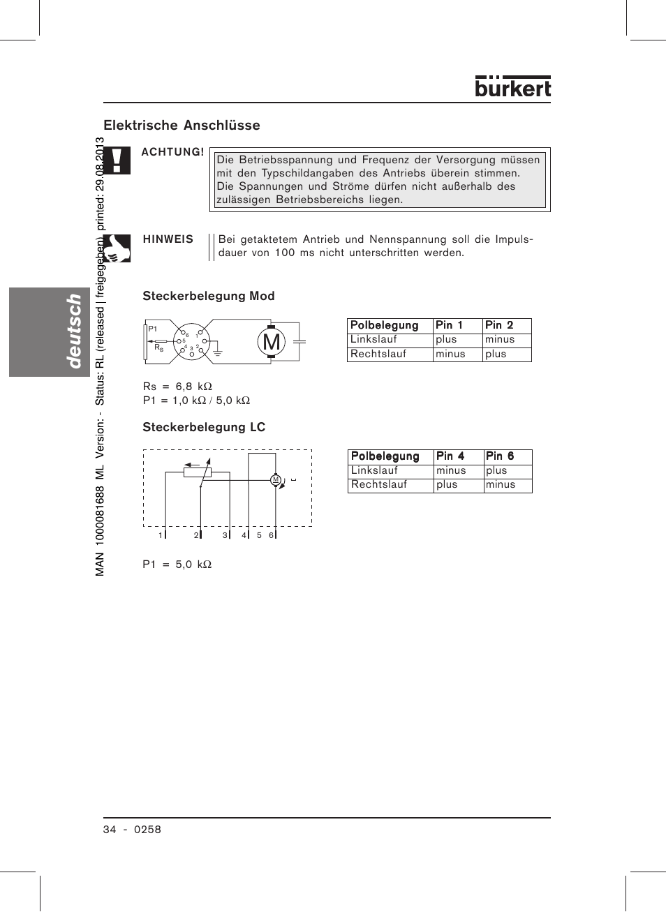 Deutsch, Elektrische anschlüsse | Burkert Type 0258 User Manual | Page 36 / 72
