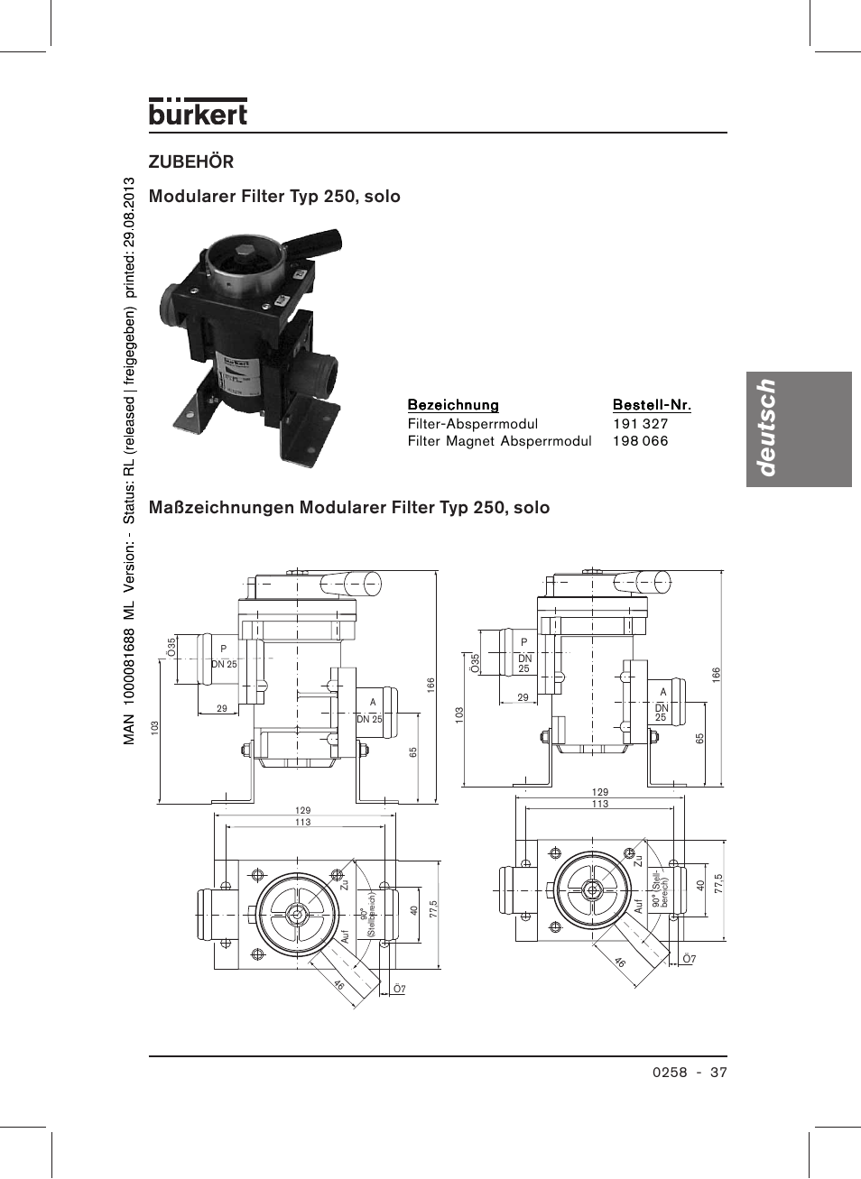 Deutsch, Zubehör modularer filter typ 250, solo, Maßzeichnungen modularer filter typ 250, solo | Burkert Type 0258 User Manual | Page 39 / 72