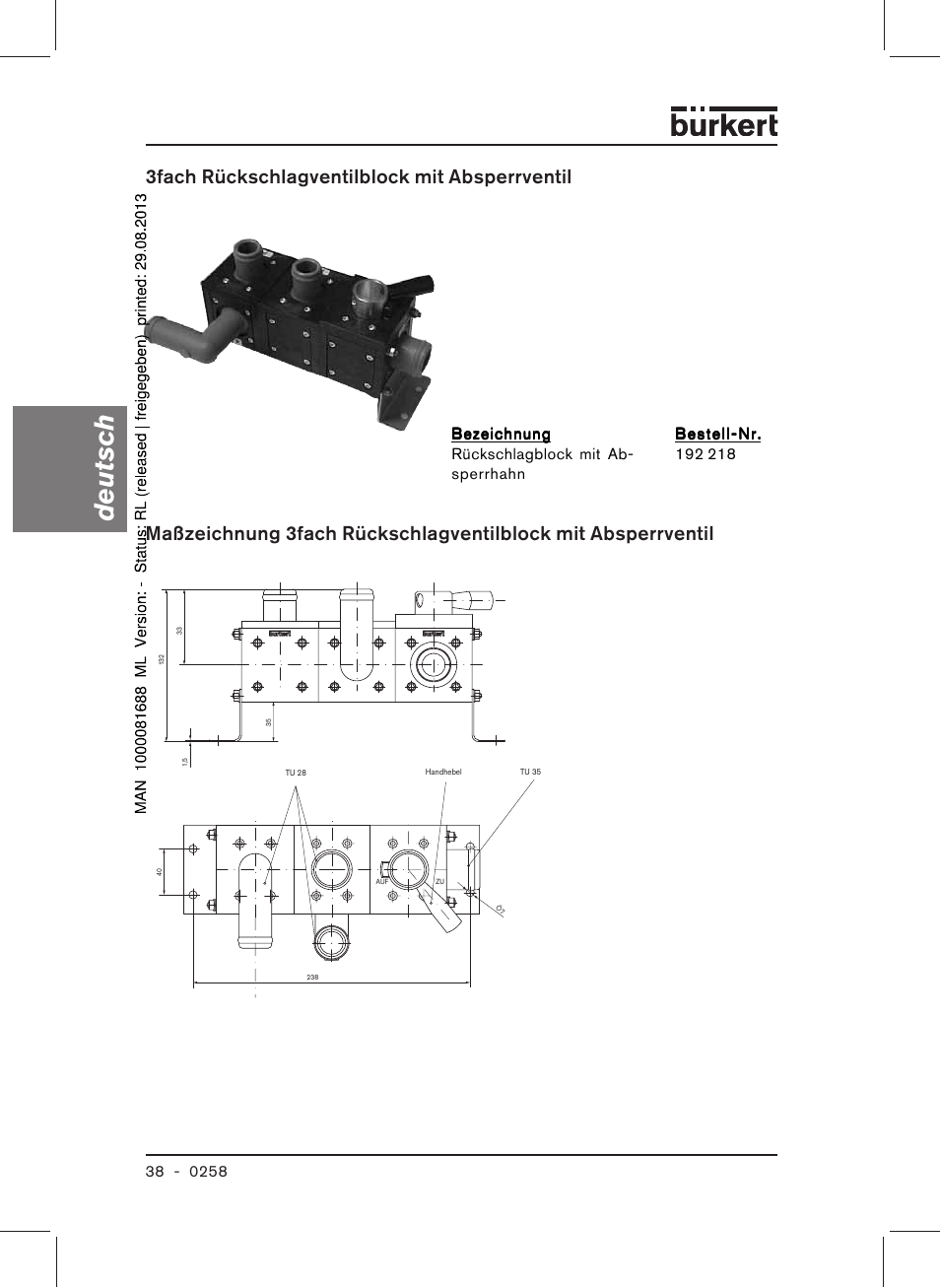 Deutsch, 3fach rückschlagventilblock mit absperrventil | Burkert Type 0258 User Manual | Page 40 / 72