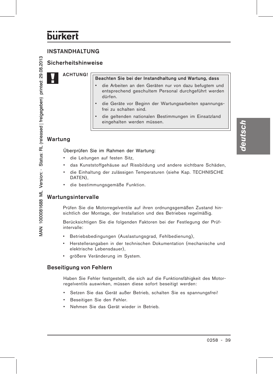 Deutsch | Burkert Type 0258 User Manual | Page 41 / 72