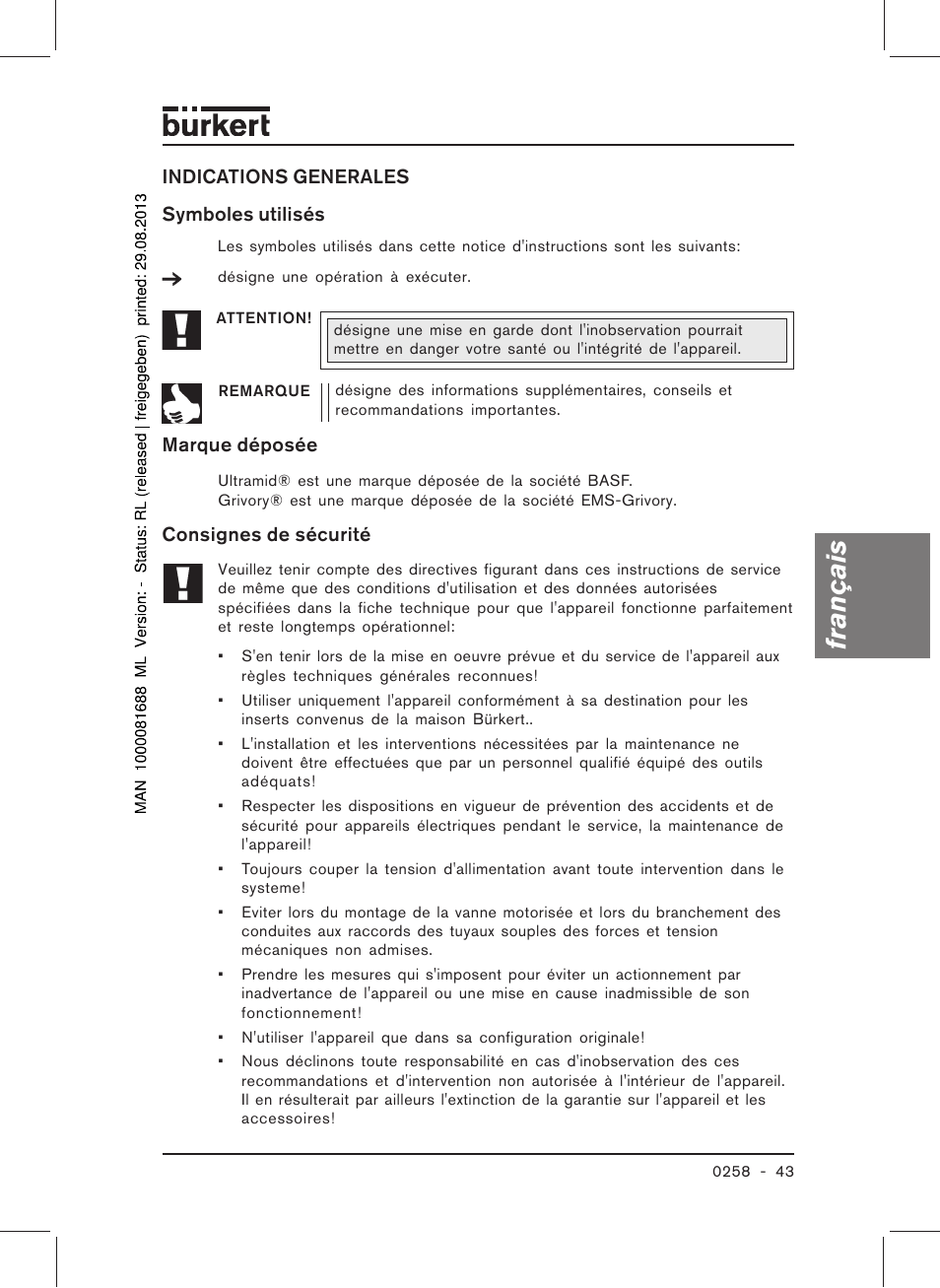 Français | Burkert Type 0258 User Manual | Page 45 / 72
