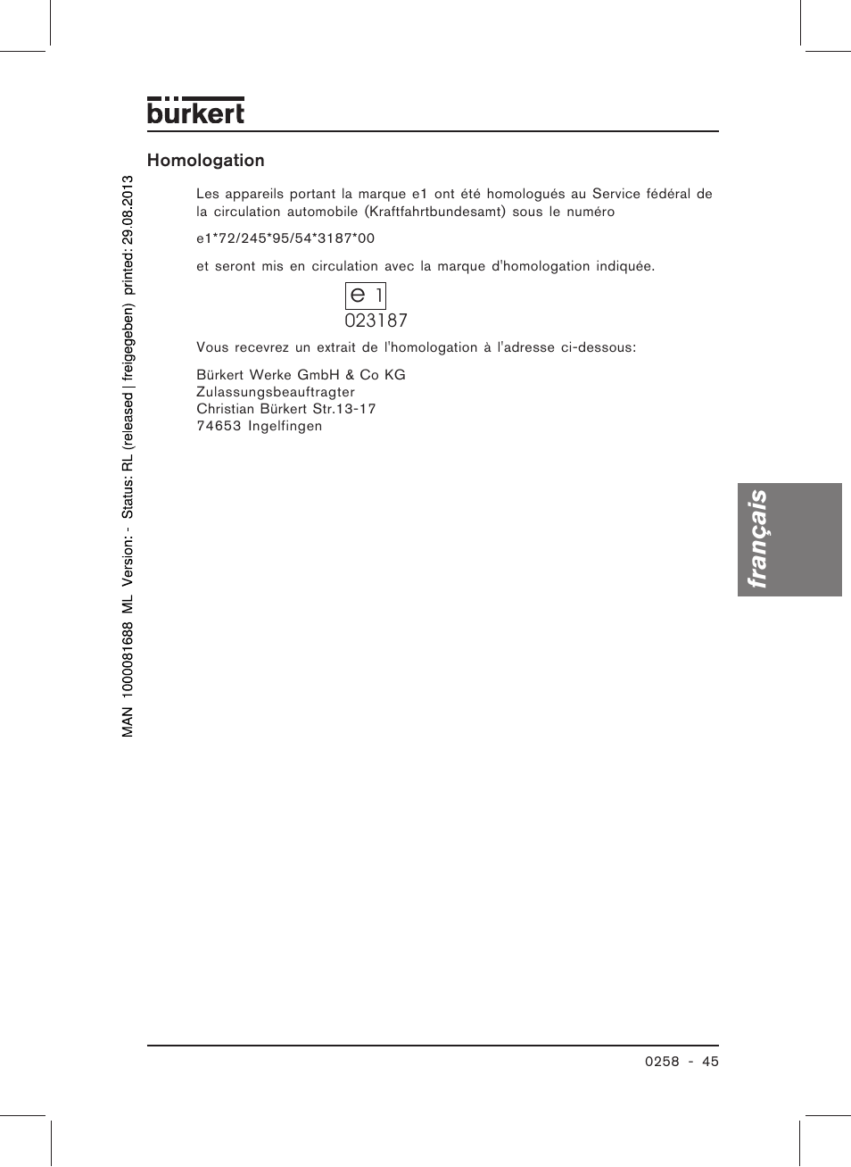 Français | Burkert Type 0258 User Manual | Page 47 / 72