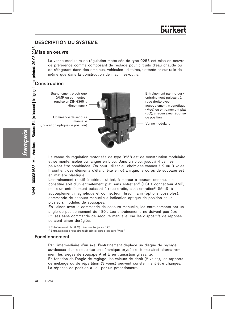 Français, Description du systeme mise en oeuvre, Construction | Fonctionnement | Burkert Type 0258 User Manual | Page 48 / 72