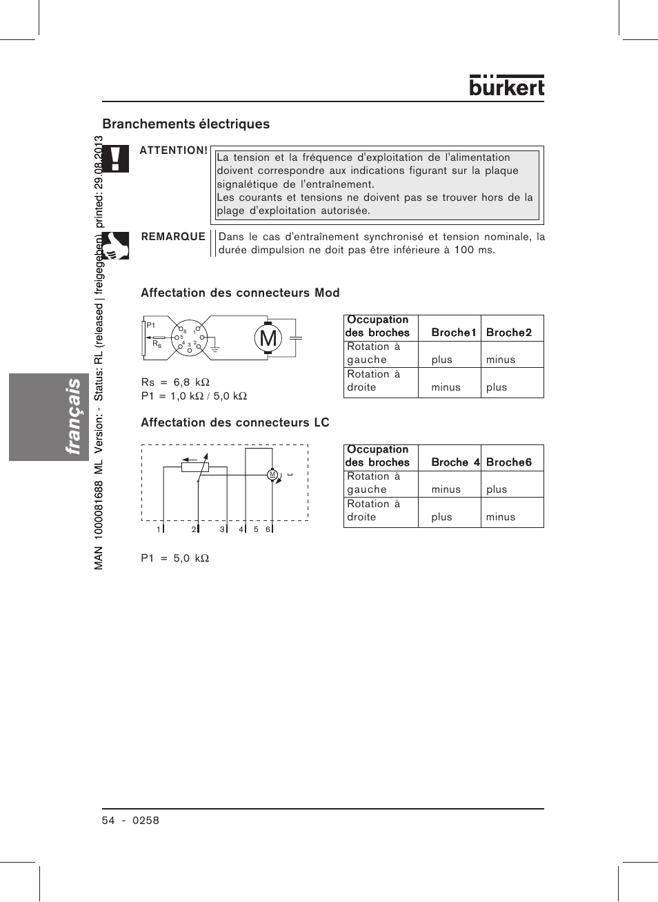 Français, Branchements électriques | Burkert Type 0258 User Manual | Page 56 / 72