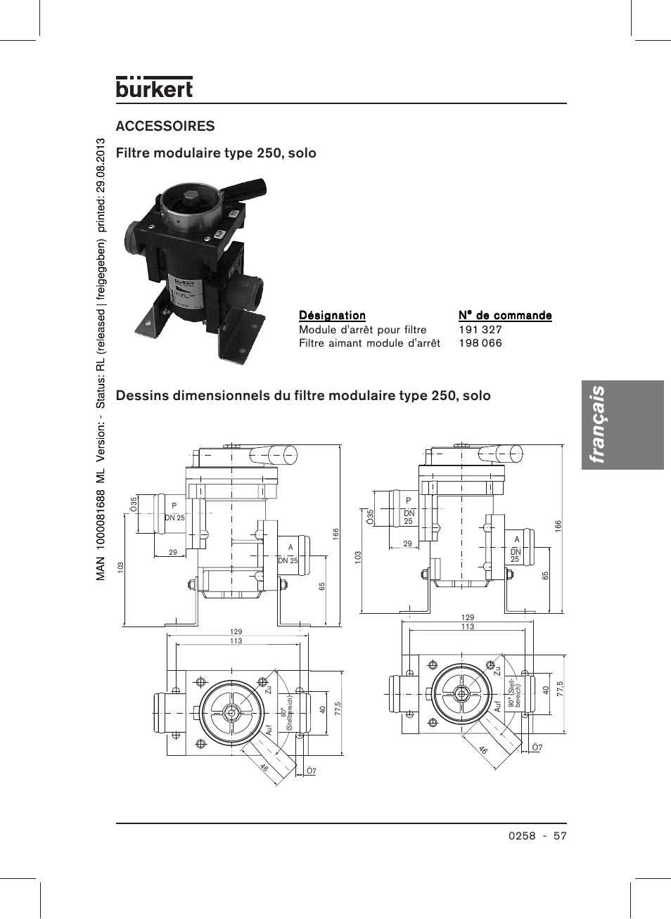 Français, Accessoires filtre modulaire type 250, solo | Burkert Type 0258 User Manual | Page 59 / 72