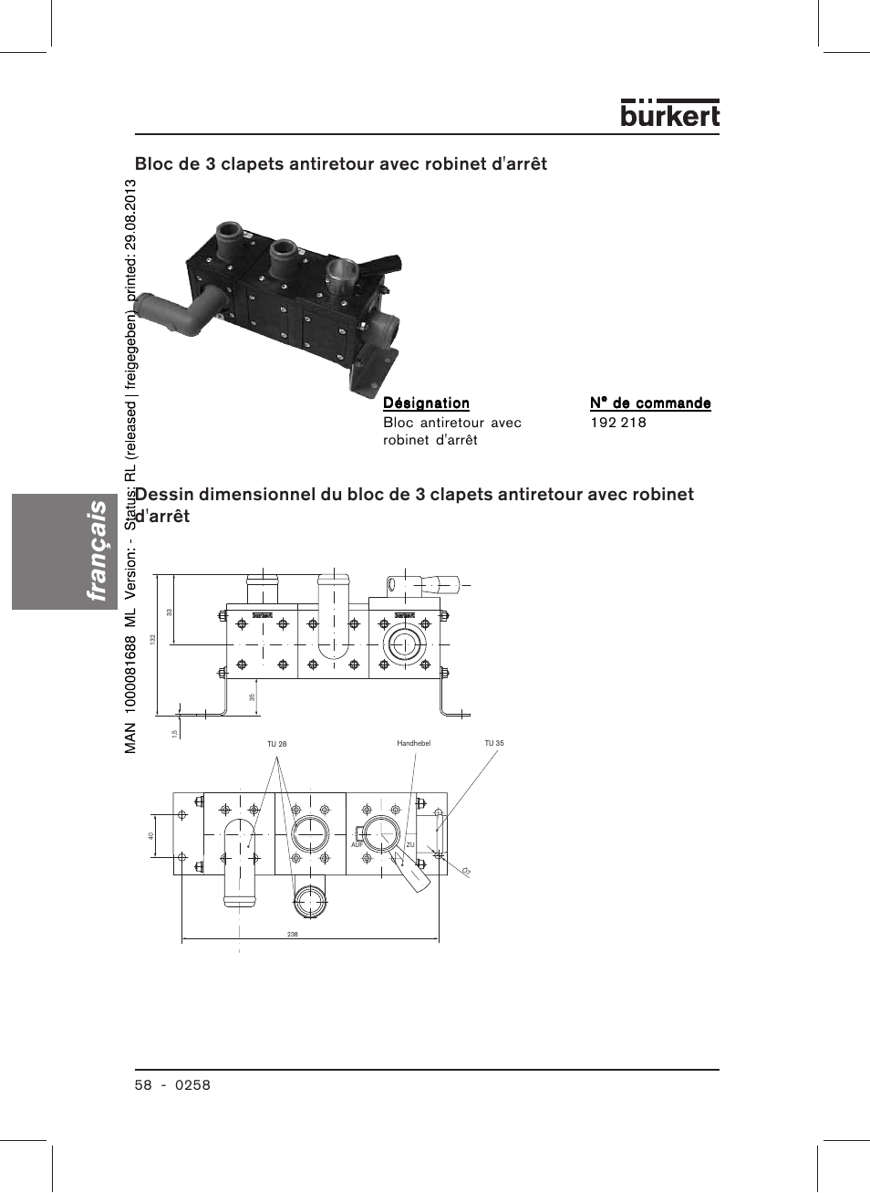 Français, Bloc de 3 clapets antiretour avec robinet d'arrêt | Burkert Type 0258 User Manual | Page 60 / 72