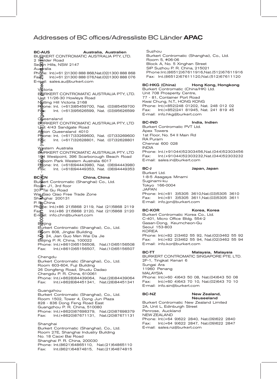 Addresses of bc offices/adressliste bc länder apac | Burkert Type 0258 User Manual | Page 67 / 72