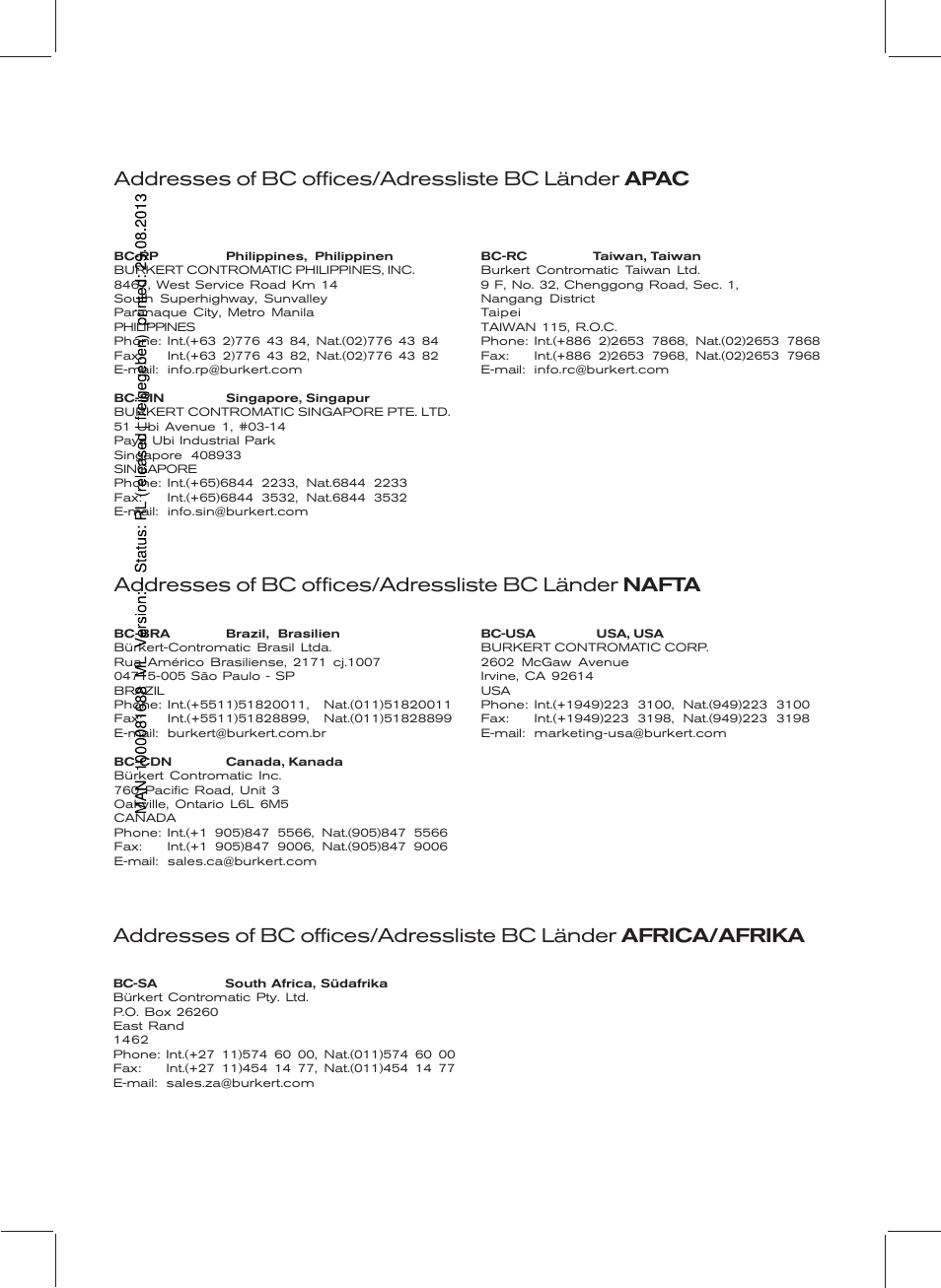 Addresses of bc offices/adressliste bc länder apac | Burkert Type 0258 User Manual | Page 68 / 72