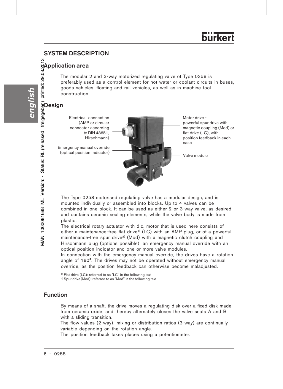 English, System description application area, Design | Function | Burkert Type 0258 User Manual | Page 8 / 72