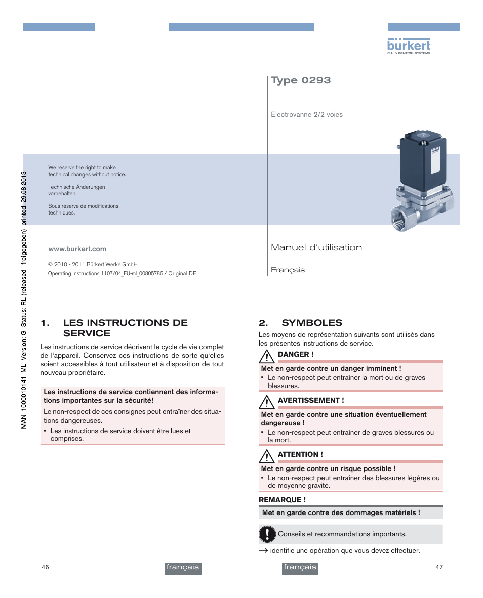 Francais, Type 0293 | Burkert Type 0293 User Manual | Page 13 / 18