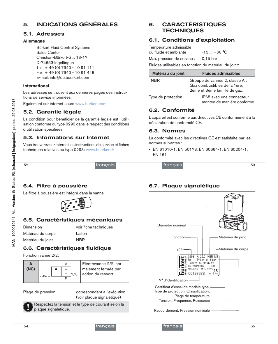 Indications générales, Caractéristiques techniques | Burkert Type 0293 User Manual | Page 15 / 18