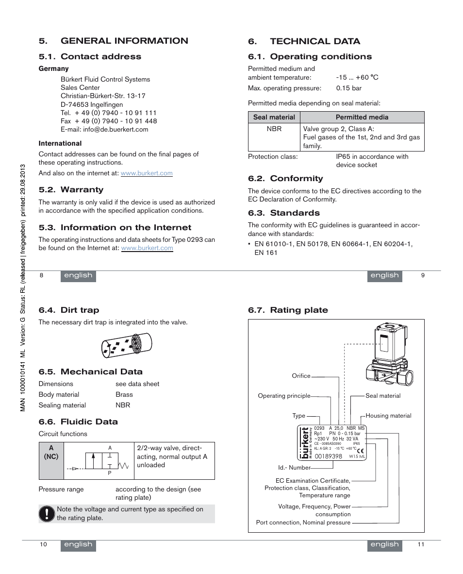 General information, Technical data | Burkert Type 0293 User Manual | Page 3 / 18