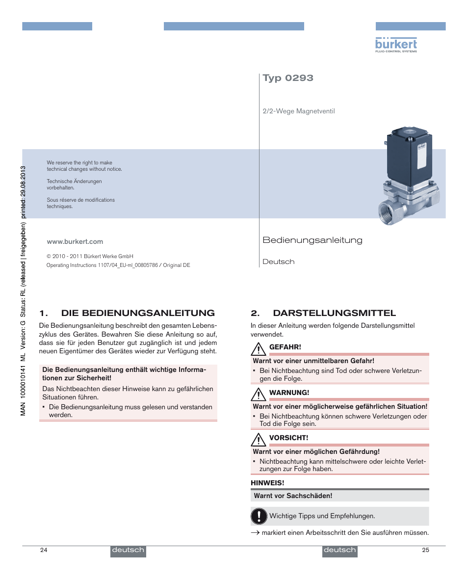 Deutsch, Typ 0293 | Burkert Type 0293 User Manual | Page 7 / 18