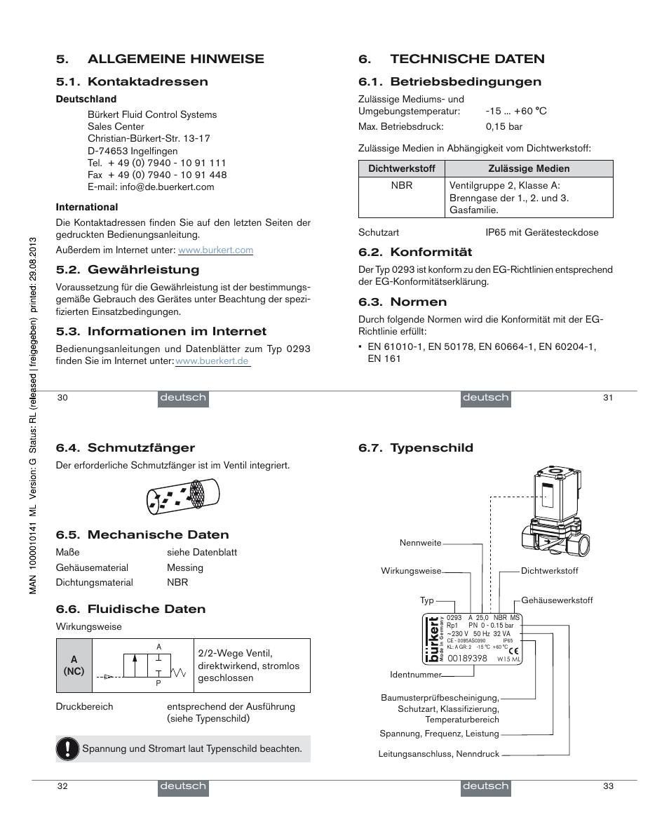 Allgemeine hinweise, Technische daten | Burkert Type 0293 User Manual | Page 9 / 18