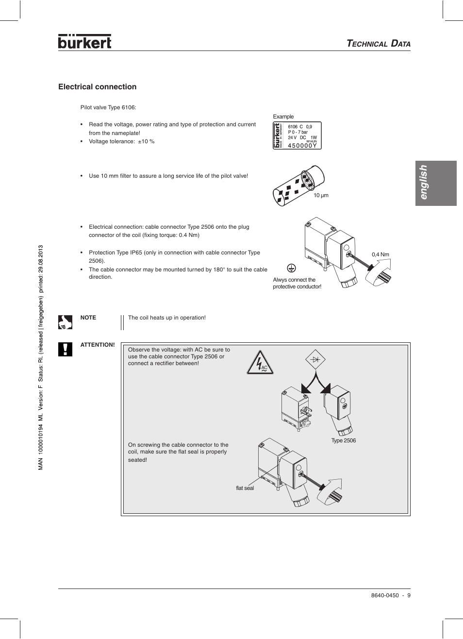 English, Electrical connection | Burkert Type 0450 User Manual | Page 11 / 52