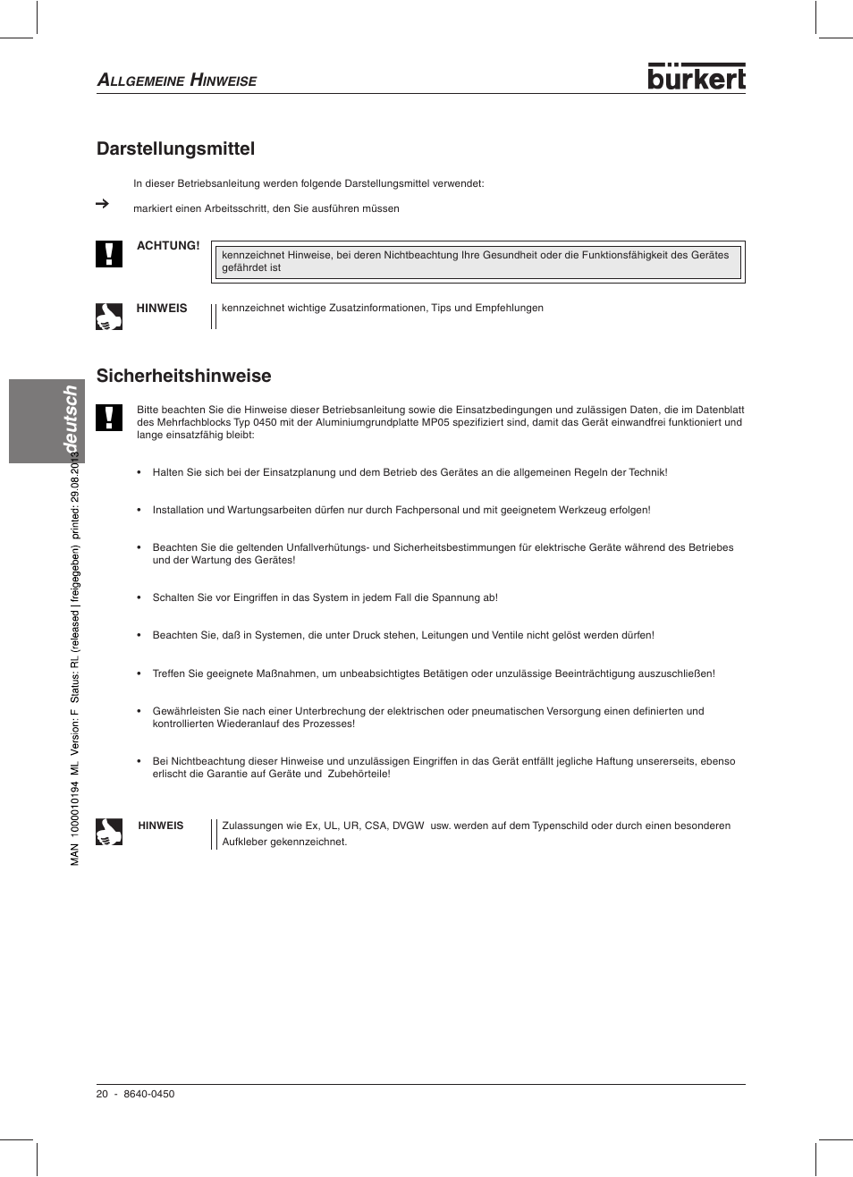 Deutsc h darstellungsmittel, Sicherheitshinweise | Burkert Type 0450 User Manual | Page 22 / 52