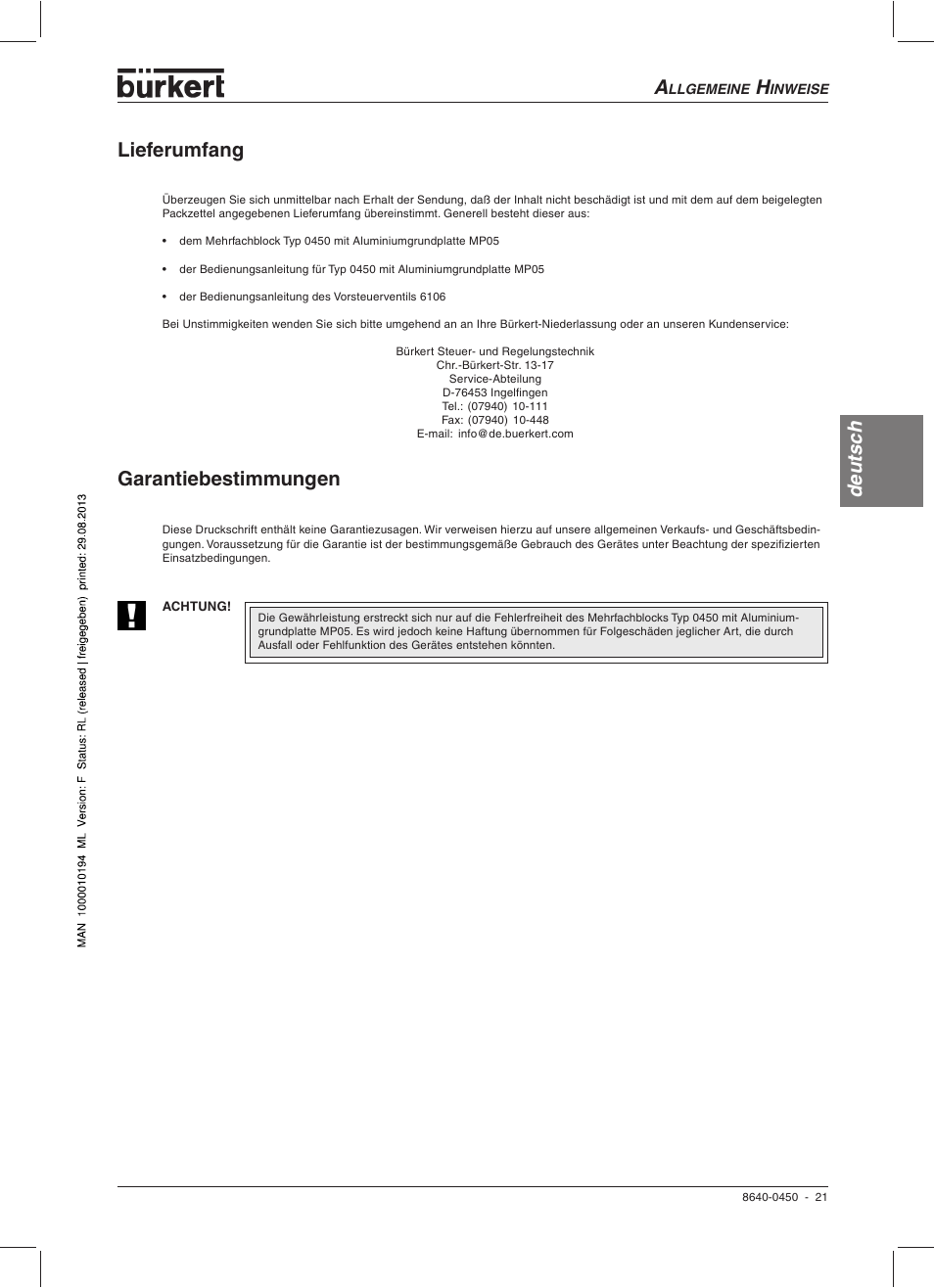 Deutsc h garantiebestimmungen, Lieferumfang | Burkert Type 0450 User Manual | Page 23 / 52