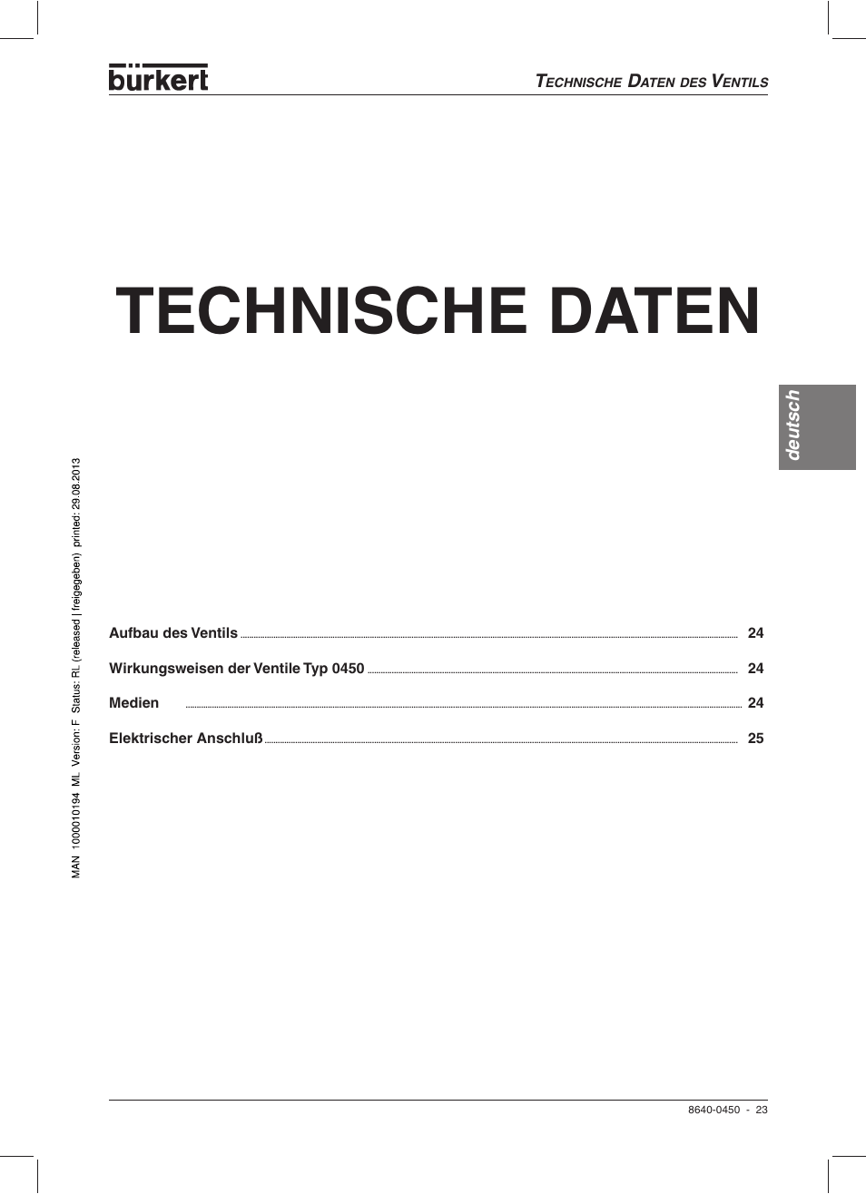 Technische daten | Burkert Type 0450 User Manual | Page 25 / 52