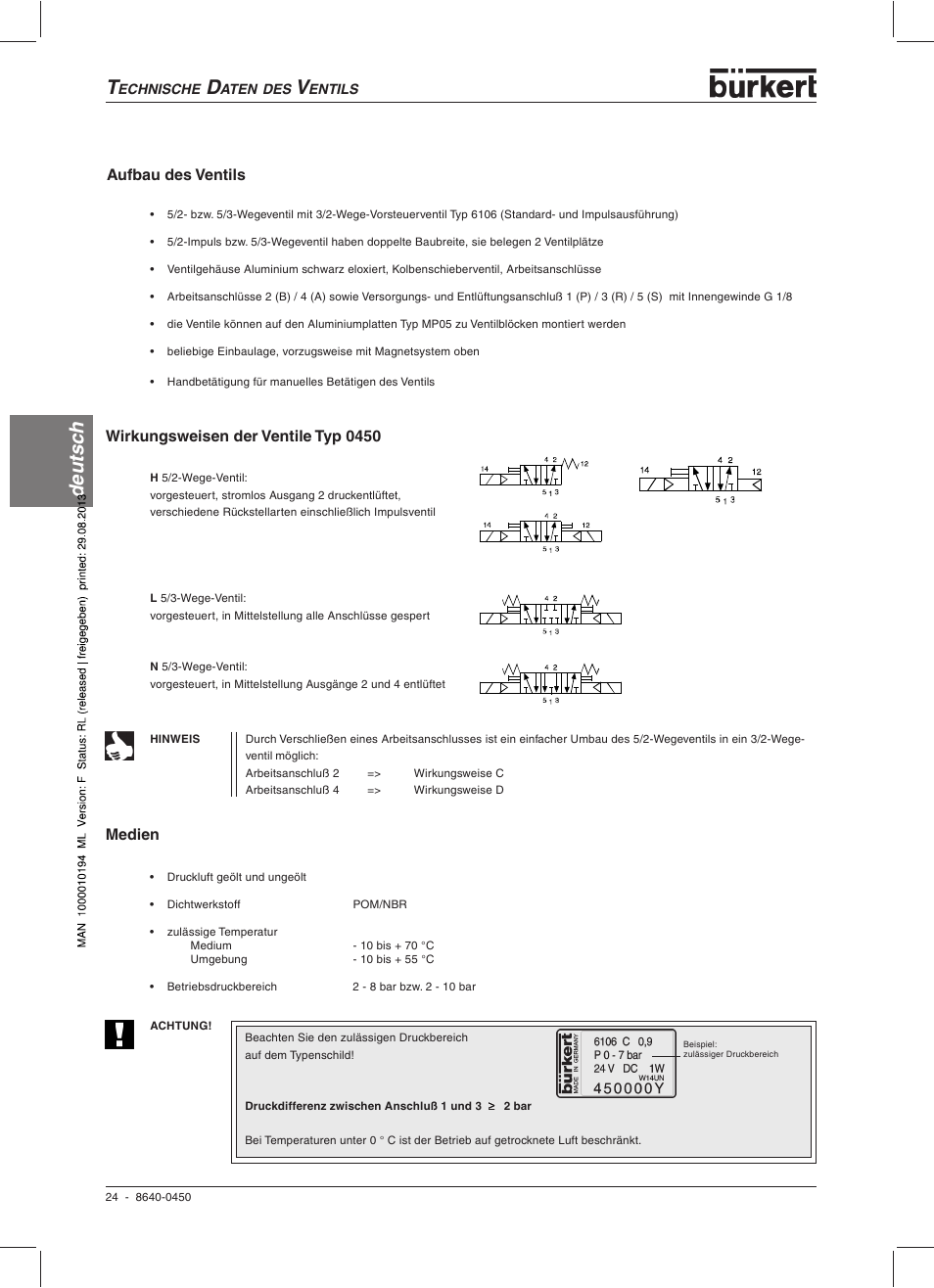 Deutsc h, Aufbau des ventils, Wirkungsweisen der ventile typ 0450 | Medien | Burkert Type 0450 User Manual | Page 26 / 52