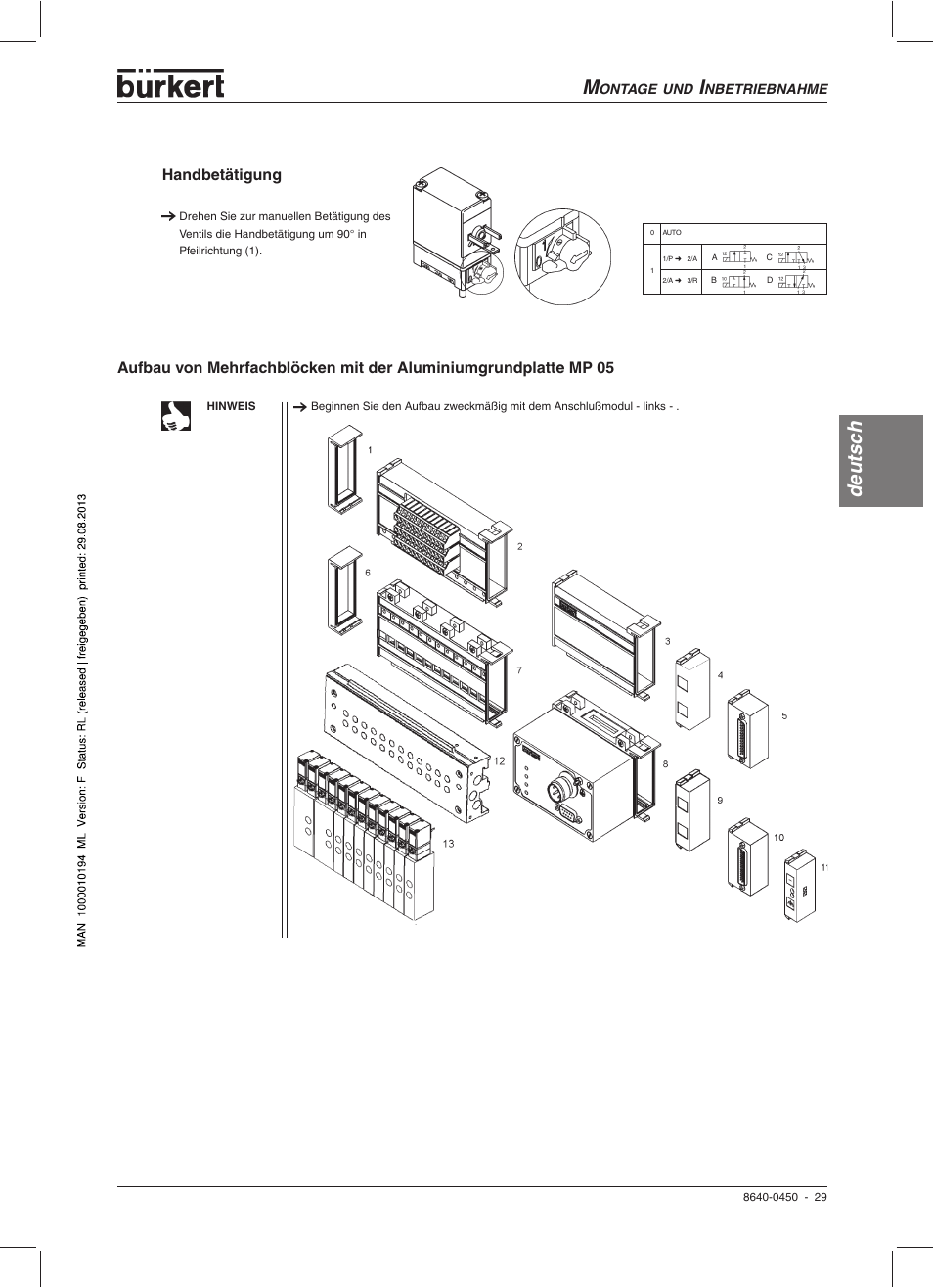 Deutsc h, Handbetätigung | Burkert Type 0450 User Manual | Page 31 / 52